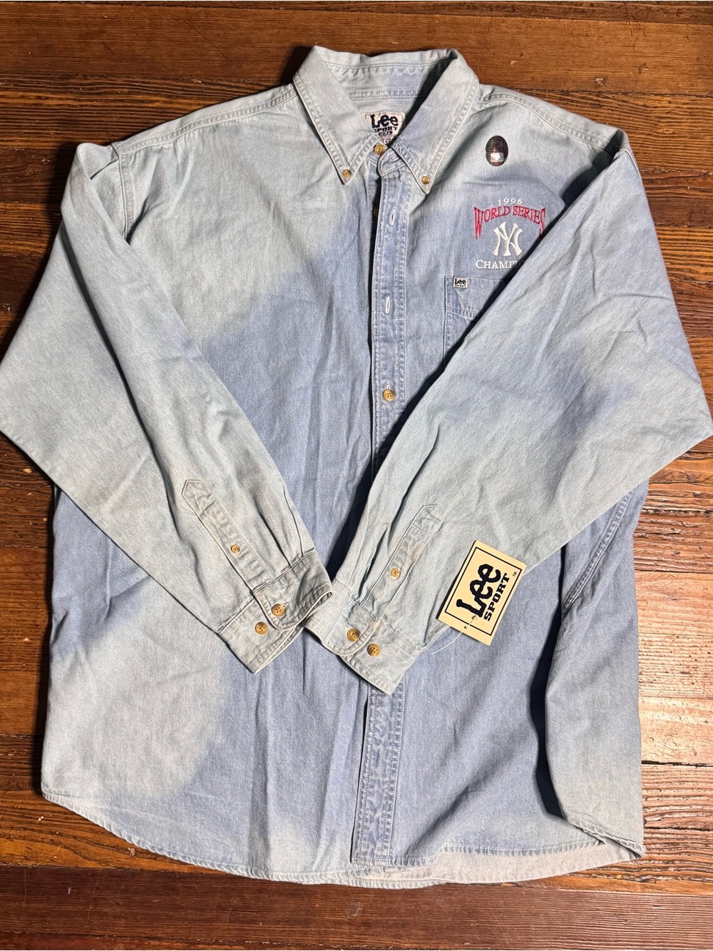 VTG 1996 New York Yankees Champions Lee Sport Blue Denim Cotton Button Up Men 2X
